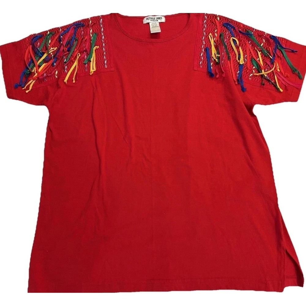 Victoria Jones Woman Red Tunic Top 2X Boho Ribbon Knot Boho Artsy